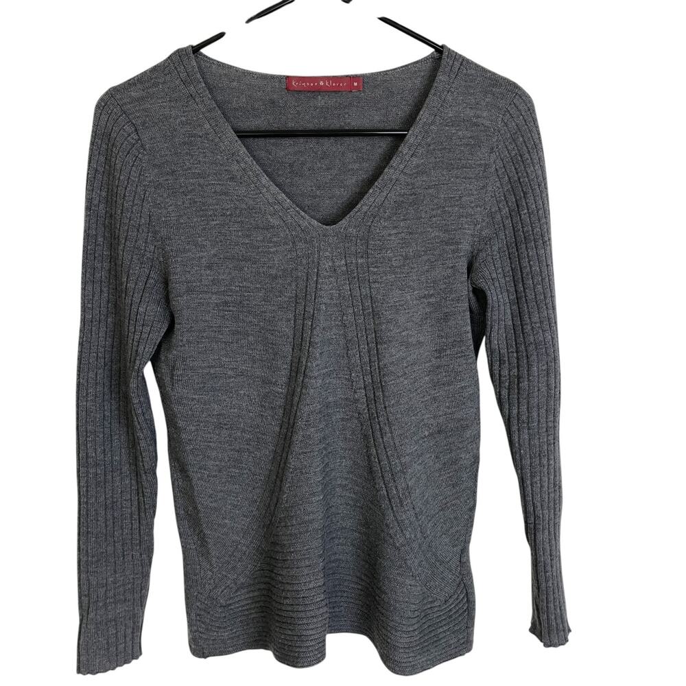 Krimson & Klover Sweater Womens Medium Gray Pullover Merino Wool V Neck Striped